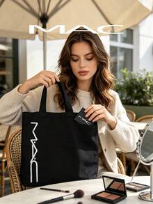 MAC Vertical Logo Canvas Tote Bag, Black Large Capacity Shoulder Handbag With Unique Vertical White MAC Logo Print, Reusable Shopping Tote, Casual Daily Bag For Work School Travel Grocery - Black - View 4