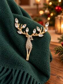 1pc Christmas Reindeer Rhinestone Brooch, Gold/Silver Color Optional, Exquisite Sparkling Rhinestone Deer Horn Design Women's Pin, Suitable For Coats, Suits, Sweaters, Scarves And Bags Decoration, Perfect For Daily Commute, Christmas Party, Winter Outfit And Holiday Gift - Multicolor - View 9