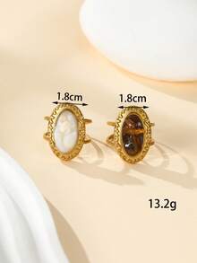 2pcs Stainless Steel Vintage Oval Tiger Eye Stone, White Shell Natural Stone Open Ring 18K Gold Plated Stainless Steel Double Ring Design Women's Personalized Daily Party Decorative Finger Ring, Adjustable Size - Yellow Gold - View 4
