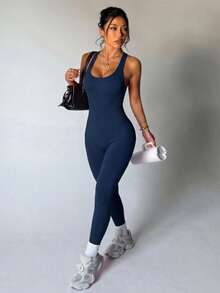 Slayoga Seamless High Elasticity Sexy Sports Jumpsuit, Suitable For Sports And Casual Wear, Summer Style - Navy Blue - View 2