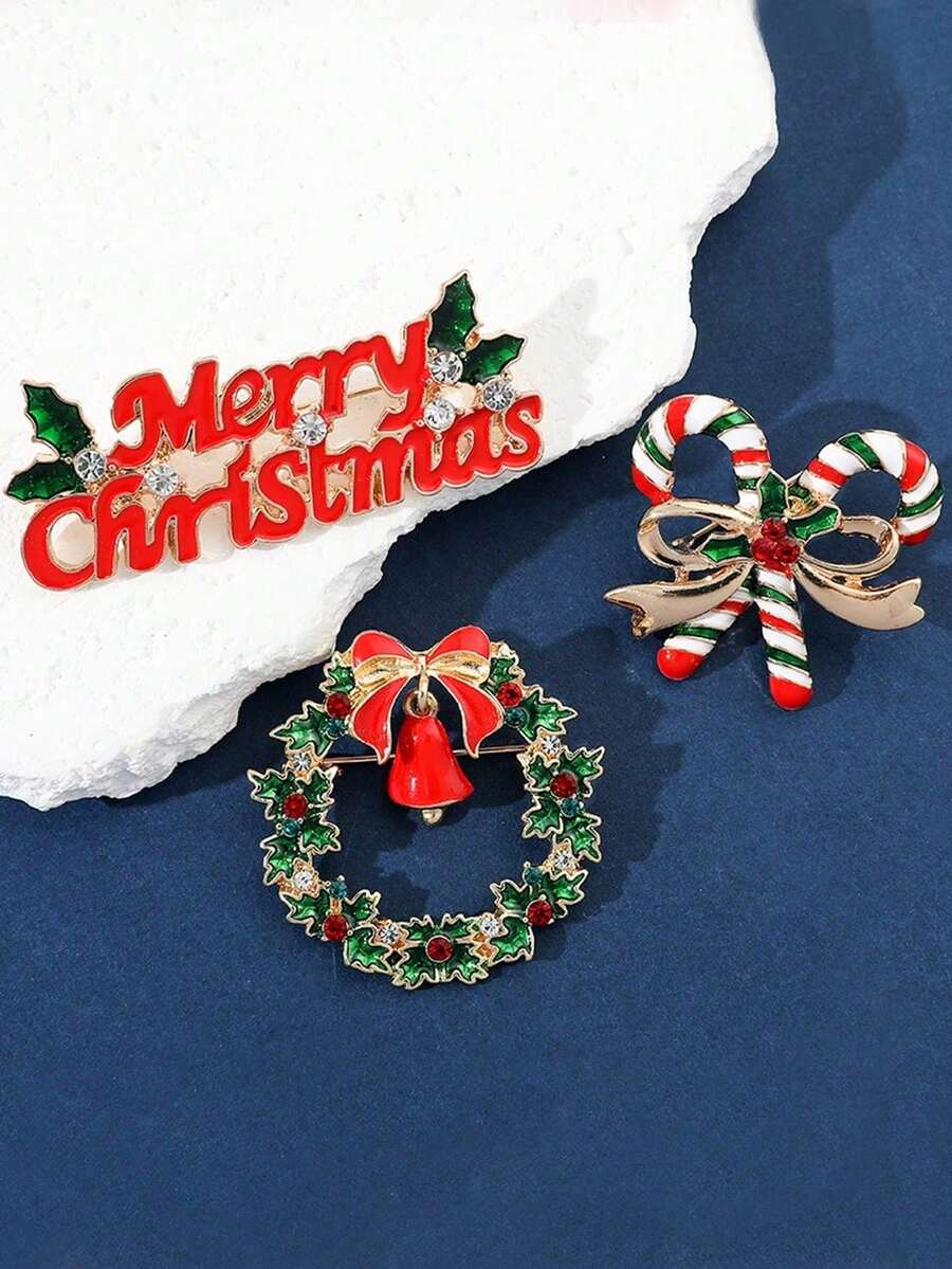 1pc/3pcs Christmas Brooch Set, Fashionable Personalized Christmas Brooches, Christmas Wreath, Bell, Letter, Rhinestone & Enamel Metal Badge Accessories - Multicolor - View 1