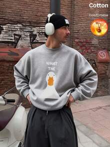 Men's Fleece Crew Neck Sweatshirt, Cartoon Duck Graphic & Text, Y2K Style, Autumn/Winter - Heather Gray - View 4