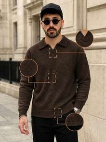 Lookun Men's Loose Fit Drop Shoulder V-Neck Knitted Polo Sweater, Autumn/Winter - Brown - View 5