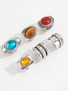 6pcs Vintage Antique Silver Ring Set, Chunky Faux Gemstone Oval Shield Band, Boho Fall Winter Women Jewelry - Multicolor - View 3
