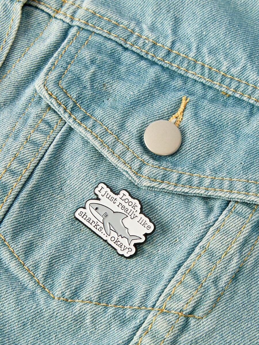 Popjeli 1Pc Cute Shark Enamel Pin - "Look, I Really Like Sharks... Okay?" Alloy Brooch Badge - Multicolor - View 1