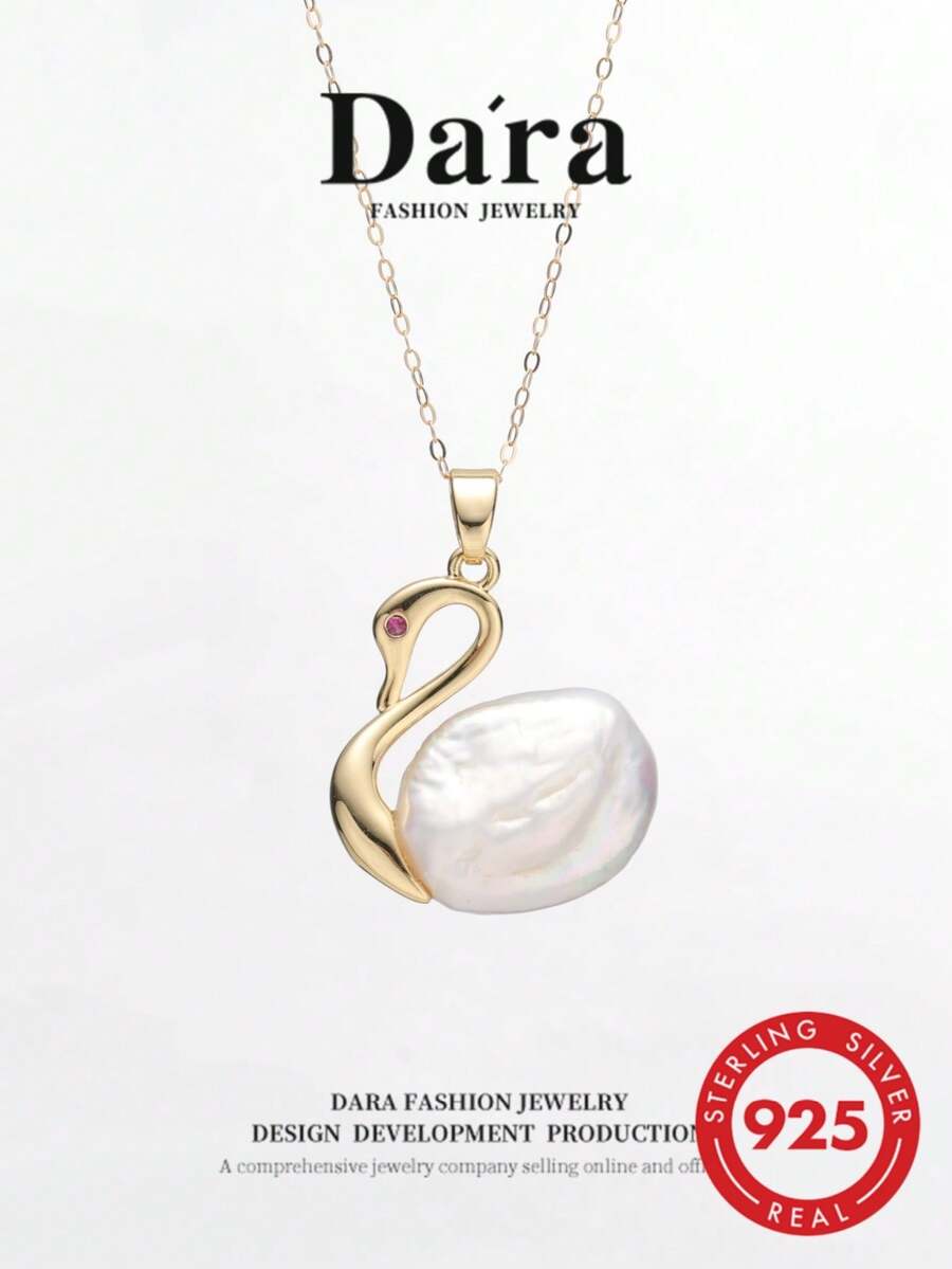 DARA Freshwater White Pearl Swan Pendant S925 Sterling Silver Baroque 5 ...