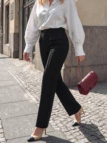 minisummer Women Fall High Waist Flared Work Pants Back Elastic Waist Pocket Detail Office Suit Trousers - Black - View 6