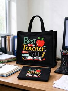 Teacher Theme Black Linen Tote Bag Set, Includes Large Tote Bag + Small Coin Purse, Printed With Best Teacher Ever Apple Design, Large Capacity Durable Canvas Material, Perfect Gift For Teacher's Day, Suitable For Students To Purchase And Give To Teachers, Daily Commute, Lesson Planning, Book And Stationery Storage - Multicolor - View 4