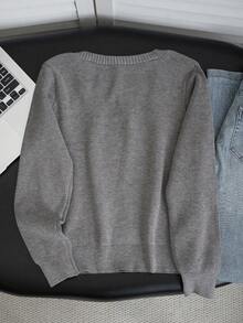 Women's Slouchy Soft V-Neck Patchwork Gray 2 In 1 Knit Sweater, Autumn/Winter College Style Elegant Design Knit Top - Grey - View 8