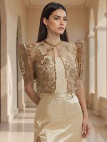 現代菲律賓風蝴蝶袖女款春夏蕾絲泡泡短袖短版開襟 Polo 衫 - 咖啡棕 - 查看 5