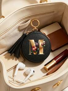Unisex Multi-Functional Key Pouch, Earphone Bag, Data Cable Organizer, With Gold 26 Letters A-Z Pattern, Zipper Key Storage Bag, Floral Pattern Design, PU Faux Leather Organizer Bag, Zipper Pouch, Car Key Storage Bag, Car Key Chain, Portable Compact Key Pouch, Minimalist Design, Travel Accessory, Elegant Jewelry, Suitable For Home, Office, Travel, Car, Suitable For Men And Women, Ideal Gift For Friends, Family, Mother's Day - Multicolor - View 3