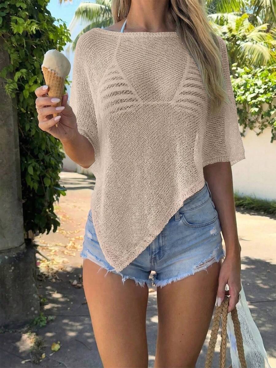 GLAMMY Summer Swimwear Beach Cover-Up, Women's Cute Pure White Knit Top With Asymmetrical Hem Design, Fine Shiny Knit Fabric, Slightly Loose Fit Fall - Apricot - View 1
