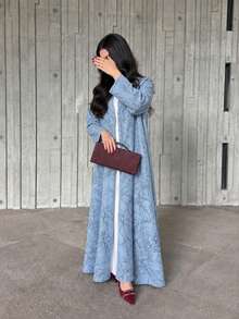 Hafizah Modest Textured Jacquard Long Sleeve Jacket For Women, Summer Eid Spring Fall - Sky Blue - View 5
