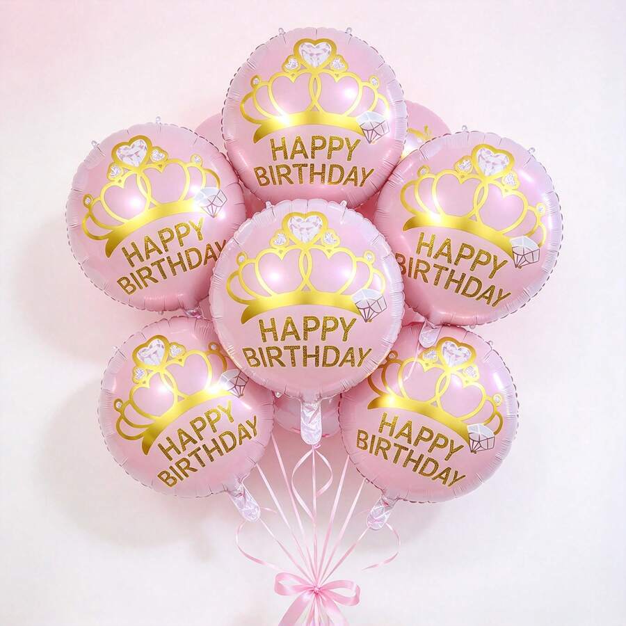 18 Inch Crown Pink & White Happy Birthday Round Foil Balloon, Party Birthday Celebration Atmosphere Decoration, Indoor Display - Multicolor - View 1