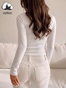 Women's Round Neck Long Sleeve T-Shirt, Slim Fit Regular White Basic Casual T-Shirt - White - View 6