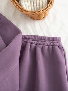 Girls Fashion Short Zip-Up Cardigan Jacket And Cargo Pocket Midi Skirt 2pcs Set, Autumn/Winter - Purple - View 8