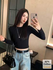 American Hot Girl Style Round Neck Short Long Sleeve T-Shirt Women Autumn Slim Fit Flattering Versatile Base Layer Black Top - Black - View 2