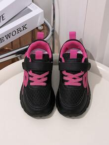 Children's Fashion Contrast Color Mesh Shoes With Hook-And-Loop Easy On/Off Soft Sole Anti-Slip Campus Daily Sports Shoes - Black - View 4