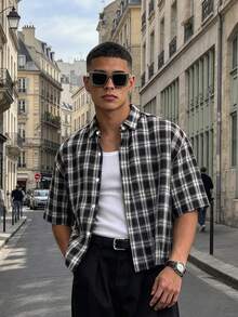 WAIT HIM Men's Casual Front Button Short Sleeve Plaid Shirt, Summer - Black and White - View 11