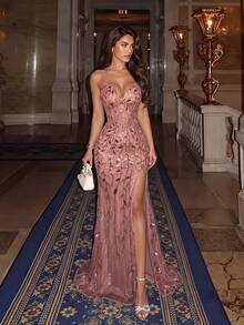 ADYCE Elegant Sequin Embroidered Suspender V Neck Hollow High Waist High Slit Backless Lace Up Prom Party Dress For Prom Gown Wedding Guest Dancy Fall - Dusty Pink - View 4