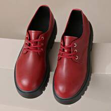 Women's British Style Metal Buckle Thick Sole Loafers, Height-Increasing Chunky Heel Slip-On Matte Leather Shoes - Red - View 10