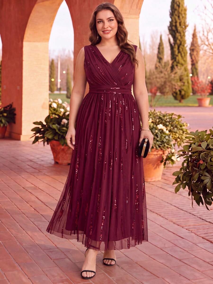 EVERPRETTY Autumn Plus Size Elegant Luxury Sequin Embroidered Burgundy Formal Evening Gown Suitable For Wedding Guest Bride Mother Party Semi-Formal Occasions - Burgundy - View 1