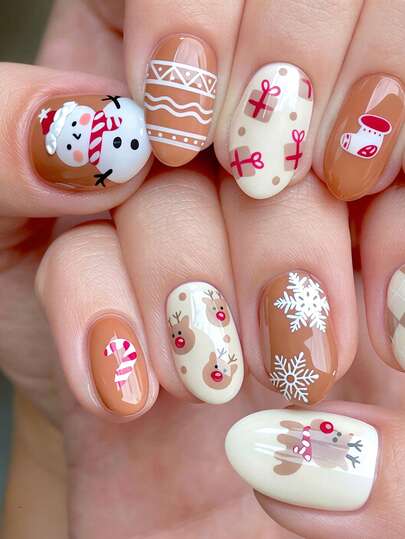 30 piezas/Set Pegatinas de uñas ovaladas navideñas, decoración de arte de uñas estilo navideño con muñeco de nieve, reno, copo de nieve, bastón de caramelo, regalo, puntas de uñas falsas marrones. Diseñadas para niñas y mujeres para uso diario y arte de uñas de fiesta en otoño/invierno, ayudándote a cambiar fácilmente tu estilo de uñas.
