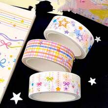 3pcs Light Star Diary Washi Tape Set, Rainbow Line Star Bow Plaid Girl Planner Decoration Tape - Multicolor - View 9