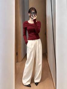 Y6Y 獨特酒紅色韓式風格冬季針織毛衣底層短版高端奢華女款內搭上衣 - 酒紅色 - 查看 5