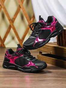 Men's Athletic Shoes, Mesh And Leather Color-Block Design, Perfect For Everyday Wear, Preppy-Style Running Shoes, Stylish Trail Running Shoes - Black Plum Red - View 5