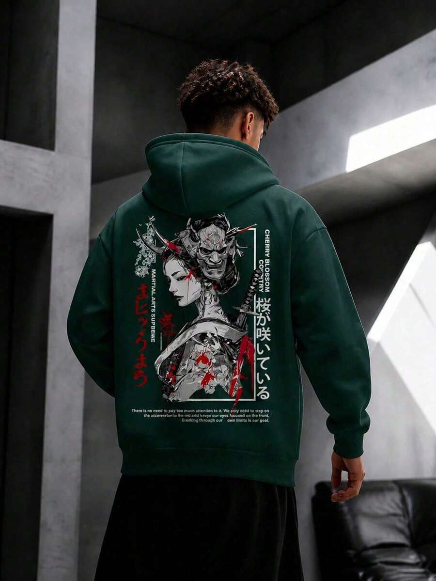 Krometka Men's Japanese Samurai Character Graphic Hoodie, Streetwear Loose Casual Pullover - Green - View 1