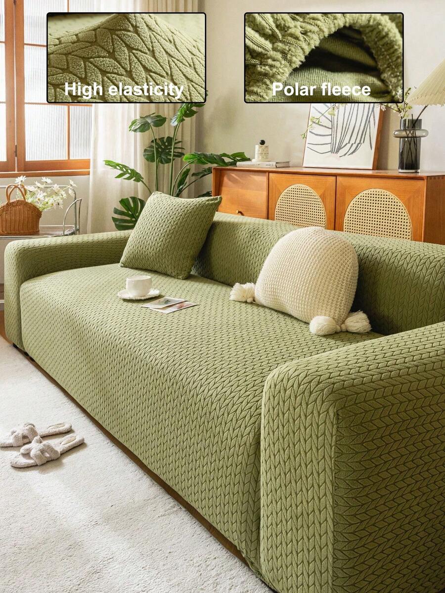 1pc Fleece Jacquard Sofa Cover, Solid Color Sofa Protector, Pet-Friendly Old Sofa Refurbishment Holiday Decor, All Season Use, Elastic Machine Washable, Suitable For 1/2/3/4 Seater Sofa - Green - View 1