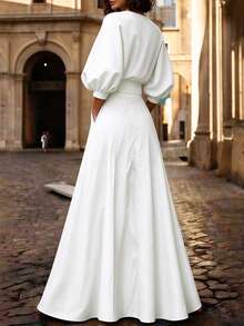 Solid Color Printed Waist Belt Decor V-Neck Puff Sleeve A-Line Long Dress White Elegant Summer - White - View 4