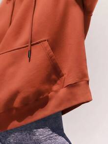 Speed mate Dropped Shoulder Drawstring Hooded Sweatshirt, Long Sleeve Top, Autumn Women's Sweatshirt - Orange - View 4
