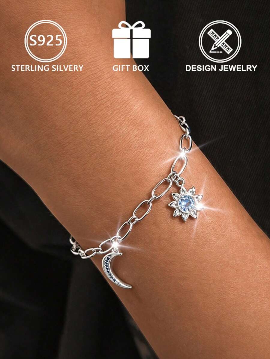 This Elegant, Luxurious And Fashionable 925 Sterling Silver Pendant Bracelet, Inlaid With Cubic Zirconia Gemstones. It Is Perfect For Daily Wear. - Silver - View 1