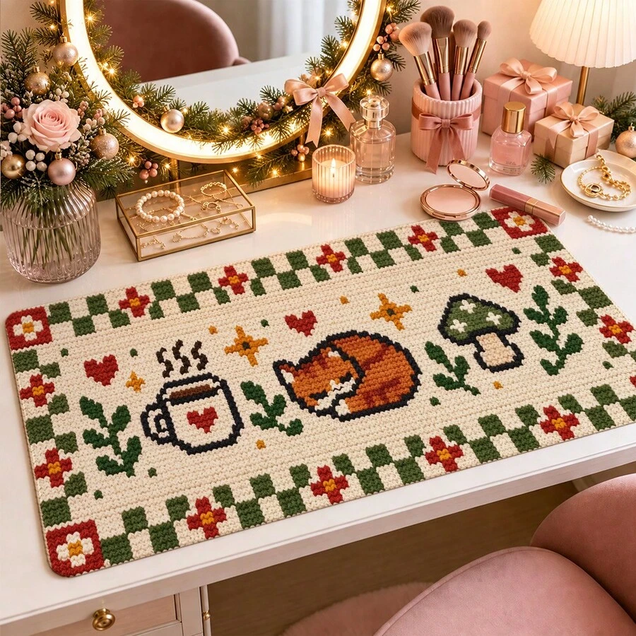 1pc Crochet Style Fox Mushroom Floral Desk Mat, Multi-Purpose Makeup Nail Art Table Pad, Large Non Slip Desktop Protector S/M/L/XL - View 1