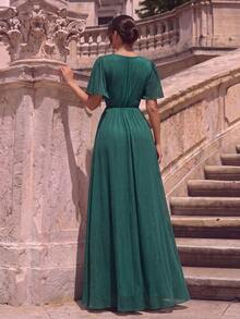 Elegant Green Bridesmaid Dress With Flounce Short Sleeves, Overlap Collar, And Belted Long Skirt, Perfect For Formal Parties And Prom - Dark Green - View 2