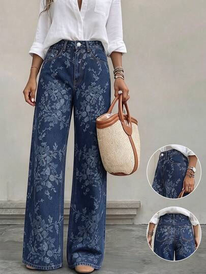Women Wide Leg Jeans Vintage Floral Print Dark Blue Straight Leg Denim Causal Business Professional Y2K Elegant Vacation ,Fall Winter
