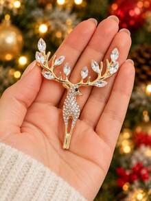1pc Christmas Reindeer Rhinestone Brooch, Gold/Silver Color Optional, Exquisite Sparkling Rhinestone Deer Horn Design Women's Pin, Suitable For Coats, Suits, Sweaters, Scarves And Bags Decoration, Perfect For Daily Commute, Christmas Party, Winter Outfit And Holiday Gift - Multicolor - View 1