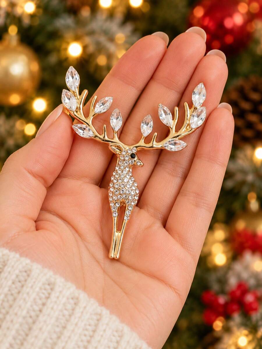 1pc Christmas Reindeer Rhinestone Brooch, Gold/Silver Color Optional, Exquisite Sparkling Rhinestone Deer Horn Design Women's Pin, Suitable For Coats, Suits, Sweaters, Scarves And Bags Decoration, Perfect For Daily Commute, Christmas Party, Winter Outfit And Holiday Gift - Multicolor - View 1