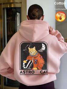 بلوزة نسائية بقلنسوة من الصوف الناعم، رسمة قطة رائد فضاء ونص "ASTRO CAT"، أسلوب Y2K، خريف/شتاء - أحمر رملي - مشاهدة 2