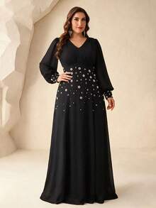 Pearl Flower Beaded Elegant Chiffon Evening Gown Long Dress V-Neck Lantern Long Sleeve Ruched Chest High Waist A-Line Plus Size Formal Party Wedding Guest All Season Dress - Black - View 2