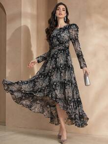 Elegant Women's Long Sleeve A-Line Dress, Asymmetrical Ruffle Hem, Exaggerated Shoulder Design, Round Neck Long Knit Dress - Multicolor - View 4