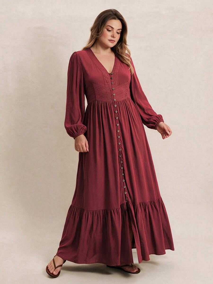 Rusttydustty Women's Red Lace Sleeve Elegant Dress, Suitable For Daily Casual, Music Festivals, Parties And Other Occasions - Red - View 1