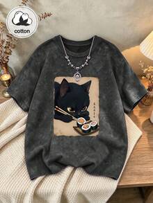 Plus Size Women's Vintage Washed T-Shirt, Printed With Cute Cat Pattern, Pure Cotton Material, Summer T-Shirt, Autumn Plus Size Casual Black Clothing - Black - View 10