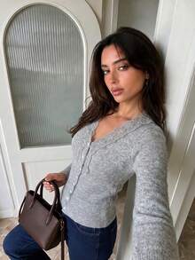 Scalloped Lace Trim Ribbed Knit Cardigan, V Neck Button Front, Long Sleeves, Fitted Grey Sweater Cardigan, Elegant Fall Layering Top - Grey - View 8