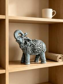 1pc Decorative Elephant Statue Ornament, Vintage Retro Style, Red Carved Pattern, Upward Trunk Design, Lucky Feng Shui Home Decor Sculpture Accessory, Suitable For Living Room, Bookshelf, Shelf, Desktop Decoration, Housewarming Gift - A - View 3