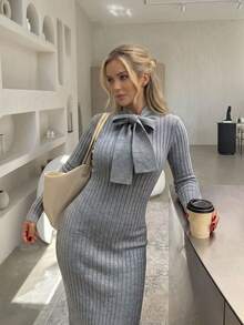 Women's Autumn Set: Gray Long Sleeve Slim Fit Knit Dress, Tie Neck, Fashionable And Elegant, Suitable For Parties And Outings - Grey - View 2