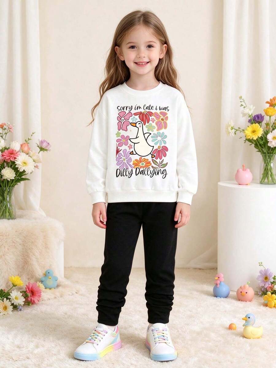 Tween Girls Slogan & Floral Print Crew Neck Sweatshirt And Leggings Casual Outfit - White - View 1