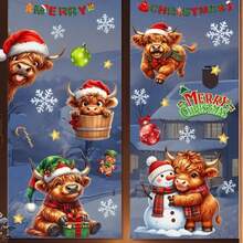 1set/3pcs Christmas Highland Cow Combination Self-Adhesive Window Stickers, Multiple Cute Calves Paired With Snowman, Gingerbread Man, Snowflake And Colorful Ball, Window Holiday Atmosphere Decorative Stickers - Multicolor - View 5
